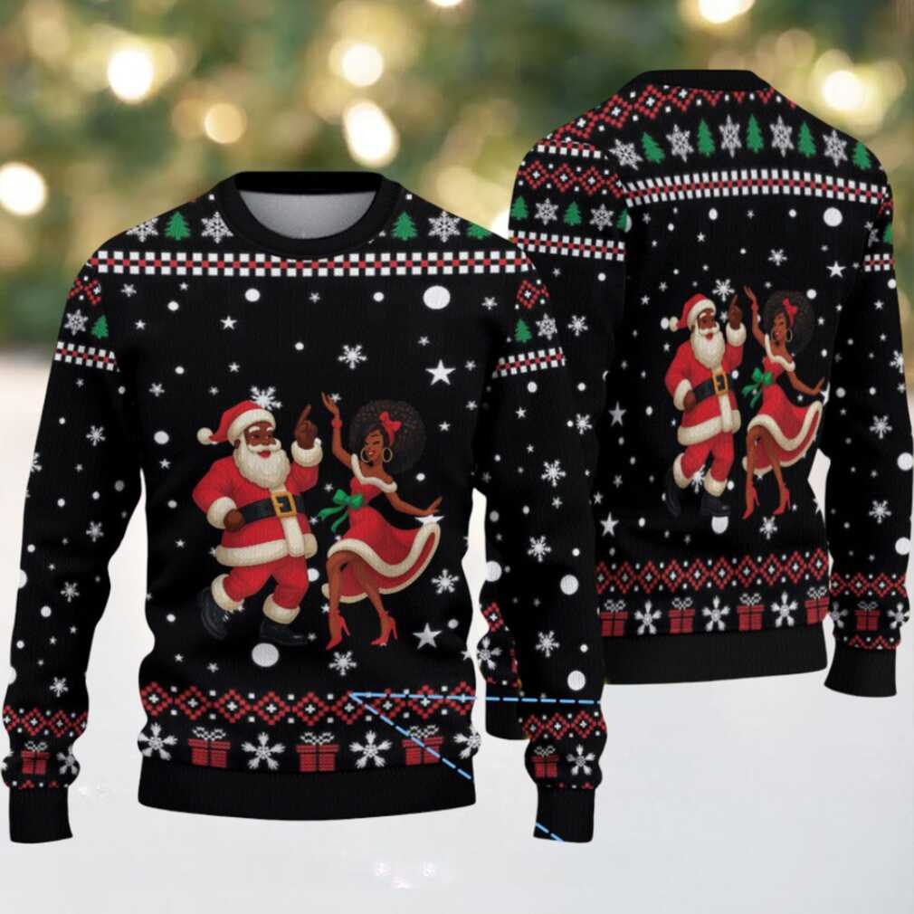 Black Red & White Dancing Black Santa & Mrs. Claus with Snowflake Gift Pattern – Vintage Ugly Christmas Sweater Black Red & White Dancing Black Santa & Mrs. Claus with Snowflake Gift Pattern – Vintage Ugly Christmas Sweater