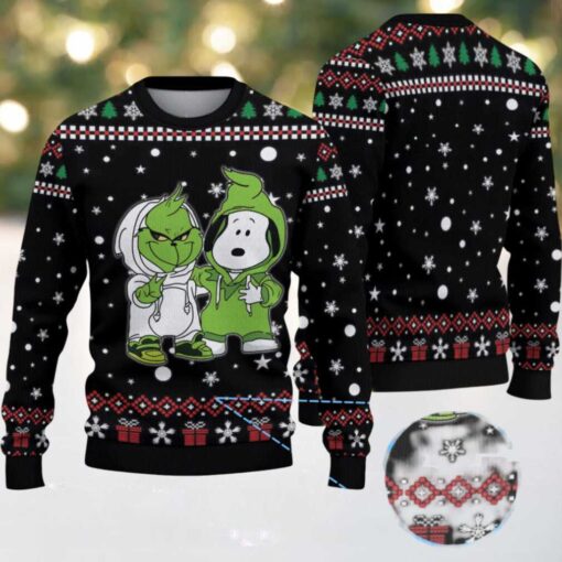 Black Red and Green Snowflake Grinch x Snoopy Tito’s Handmade Vodka Ugly Christmas Sweater
