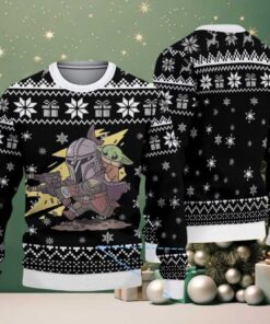 Black Snowflake Gift Pattern Mandalorian & Baby Yoda Star Wars Ugly Christmas Sweater