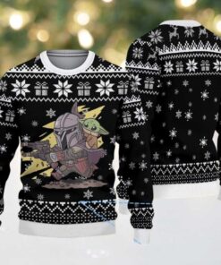 Black Snowflake Gift Pattern Mandalorian & Baby Yoda Star Wars Ugly Christmas Sweater