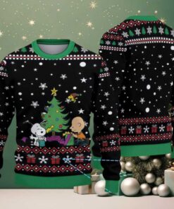 Black Snowflake & Gift Pattern Snoopy and Charlie Brown Decorating Christmas Tree Ugly Christmas Sweater Black Snowflake & Gift Pattern Snoopy and Charlie Brown Decorating Christmas Tree Ugly Christmas Sweater