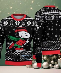 Black Snowflake Pattern Snoopy Ice Skating in Red Winter Outfit with Green Scarf Ugly Christmas Sweater Black Snowflake Pattern Snoopy Ice Skating in Red Winter Outfit with Green Scarf Ugly Christmas Sweater
