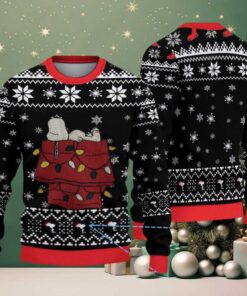 Black Snowflake Pattern Snoopy and Woodstock Sleeping on Red Christmas Lights Doghouse Ugly Christmas Sweater Black Snowflake Pattern Snoopy and Woodstock Sleeping on Red Christmas Lights Doghouse Ugly Christmas Sweater