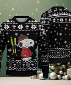 Black Snowflake & Snoopy Pattern Snoopy in Red Winter Jacket with Skis Ugly Christmas Sweater Black Snowflake & Snoopy Pattern Snoopy in Red Winter Jacket with Skis Ugly Christmas Sweater