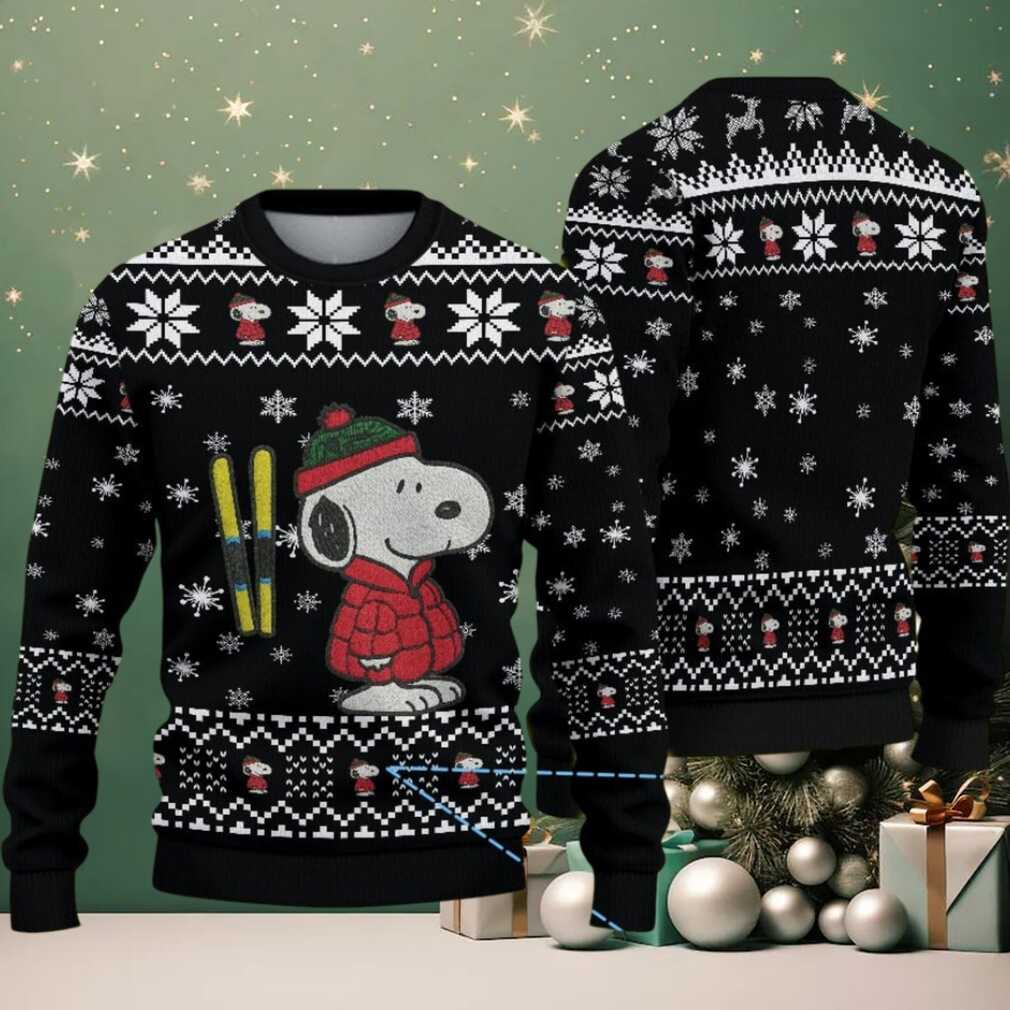 Black Snowflake & Snoopy Pattern Snoopy in Red Winter Jacket with Skis Ugly Christmas Sweater Black Snowflake & Snoopy Pattern Snoopy in Red Winter Jacket with Skis Ugly Christmas Sweater