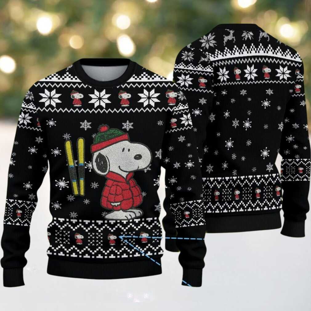 Black Snowflake & Snoopy Pattern Snoopy in Red Winter Jacket with Skis Ugly Christmas Sweater Black Snowflake & Snoopy Pattern Snoopy in Red Winter Jacket with Skis Ugly Christmas Sweater