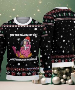 Black Ugly Christmas Sweater with Red Gift and Snowflake Pattern Featuring Naughty Flamingo Santa “On The Naughty List”