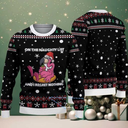 Black Ugly Christmas Sweater with Red Gift and Snowflake Pattern Featuring Naughty Flamingo Santa “On The Naughty List”