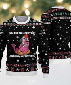 Black Ugly Christmas Sweater with Red Gift and Snowflake Pattern Featuring Naughty Flamingo Santa “On The Naughty List”