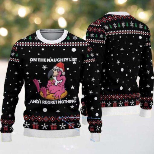 Black Ugly Christmas Sweater with Red Gift and Snowflake Pattern Featuring Naughty Flamingo Santa “On The Naughty List”