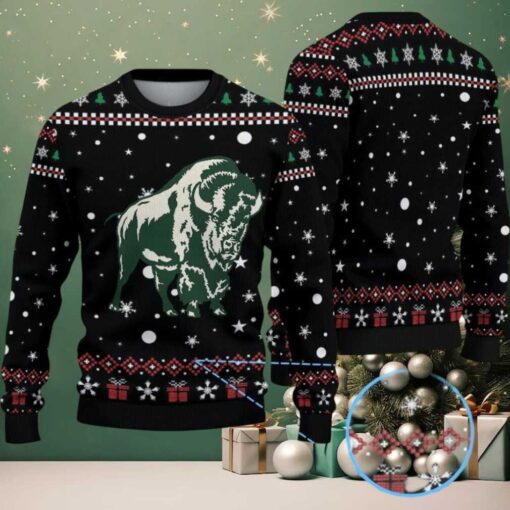 Black Ugly Christmas Sweater with Red and White Snowflake Pattern Featuring Chivas Buffalo