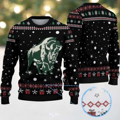 Black Ugly Christmas Sweater with Red and White Snowflake Pattern Featuring Chivas Buffalo