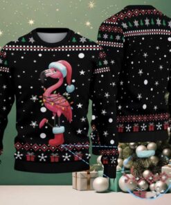 Black Ugly Christmas Sweater with Red and White Snowflake Pattern Featuring Festive Flamingo in Santa Hat and Holiday Lights