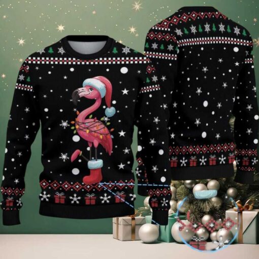 Black Ugly Christmas Sweater with Red and White Snowflake Pattern Featuring Festive Flamingo in Santa Hat and Holiday Lights