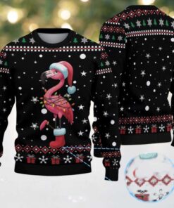 Black Ugly Christmas Sweater with Red and White Snowflake Pattern Featuring Festive Flamingo in Santa Hat and Holiday Lights