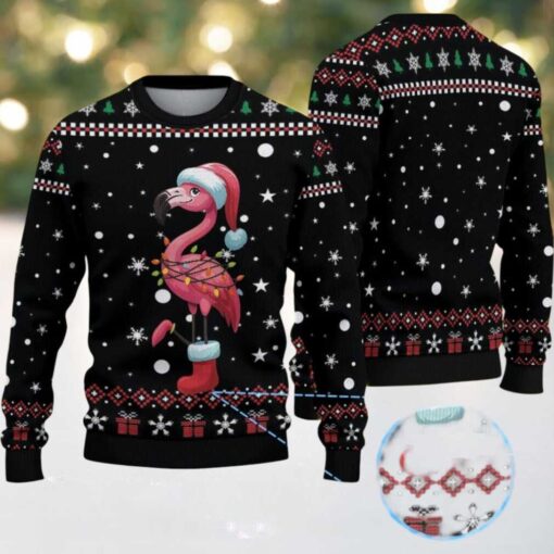 Black Ugly Christmas Sweater with Red and White Snowflake Pattern Featuring Festive Flamingo in Santa Hat and Holiday Lights