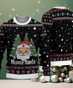 Black Ugly Christmas Sweater with Red and White Snowflake and Gift Pattern Featuring Nurse Santa