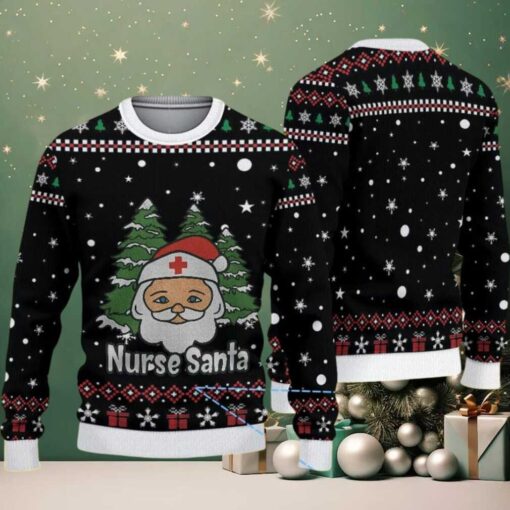 Black Ugly Christmas Sweater with Red and White Snowflake and Gift Pattern Featuring Nurse Santa
