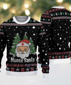 Black Ugly Christmas Sweater with Red and White Snowflake and Gift Pattern Featuring Nurse Santa