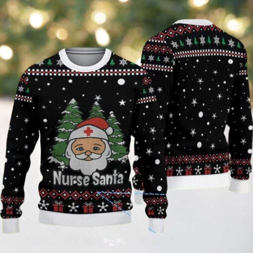 Black Ugly Christmas Sweater with Red and White Snowflake and Gift Pattern Featuring Nurse Santa