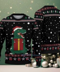 Black Ugly Christmas Sweater with Snowflake Pattern Featuring Santa Dinosaur T Rex