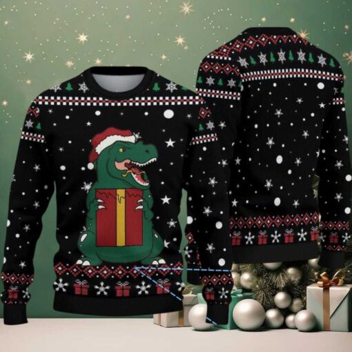 Black Ugly Christmas Sweater with Snowflake Pattern Featuring Santa Dinosaur T Rex