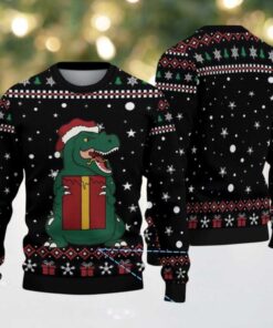 Black Ugly Christmas Sweater with Snowflake Pattern Featuring Santa Dinosaur T Rex