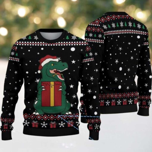 Black Ugly Christmas Sweater with Snowflake Pattern Featuring Santa Dinosaur T Rex