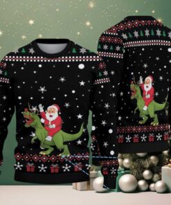 Black Ugly Christmas Sweater with Snowflake Pattern Featuring Santa Riding Dinosaur