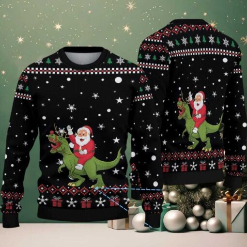 Black Ugly Christmas Sweater with Snowflake Pattern Featuring Santa Riding Dinosaur