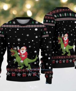 Black Ugly Christmas Sweater with Snowflake Pattern Featuring Santa Riding Dinosaur