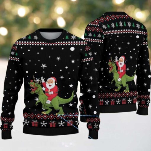 Black Ugly Christmas Sweater with Snowflake Pattern Featuring Santa Riding Dinosaur