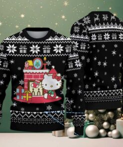 Black Ugly Christmas Sweater with Snowflake and Gift Pattern Featuring Hello Kitty by the Fireplace Black Ugly Christmas Sweater with Snowflake and Gift Pattern Featuring Hello Kitty by the Fireplace