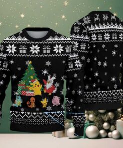 Black Ugly Christmas Sweater with White Gift and Snowflake Patterns Featuring Pokémon Pikachu, Charmander, Squirtle, Jigglypuff, and Delibird Christmas