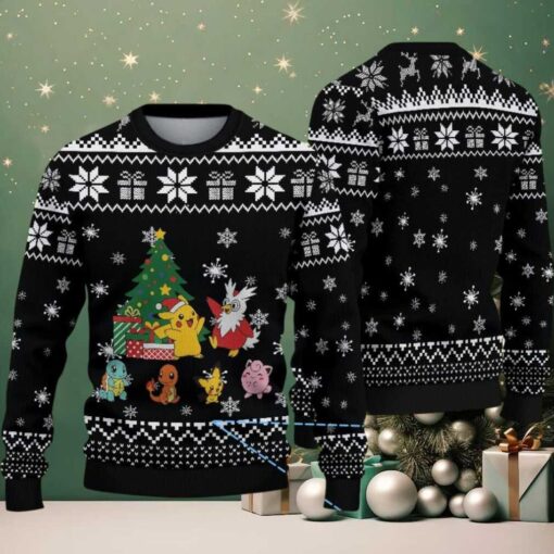 Black Ugly Christmas Sweater with White Gift and Snowflake Patterns Featuring Pokémon Pikachu, Charmander, Squirtle, Jigglypuff, and Delibird Christmas