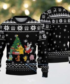 Black Ugly Christmas Sweater with White Gift and Snowflake Patterns Featuring Pokémon Pikachu, Charmander, Squirtle, Jigglypuff, and Delibird Christmas