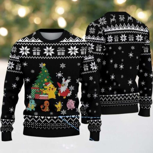 Black Ugly Christmas Sweater with White Gift and Snowflake Patterns Featuring Pokémon Pikachu, Charmander, Squirtle, Jigglypuff, and Delibird Christmas