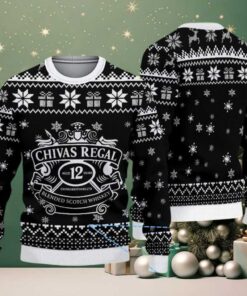 Black Ugly Christmas Sweater with White Snowflake Pattern Featuring Chivas Regal 12 Whisky Design