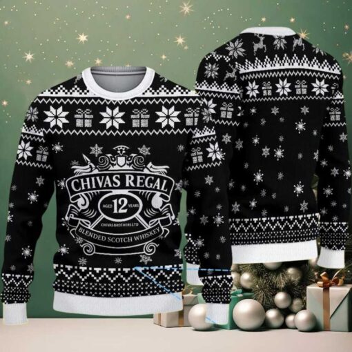 Black Ugly Christmas Sweater with White Snowflake Pattern Featuring Chivas Regal 12 Whisky Design