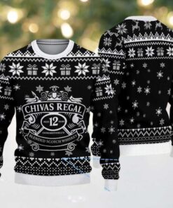 Black Ugly Christmas Sweater with White Snowflake Pattern Featuring Chivas Regal 12 Whisky Design