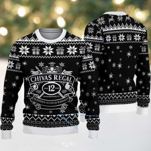 Black Ugly Christmas Sweater with White Snowflake Pattern Featuring Chivas Regal 12 Whisky Design