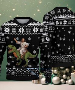 Black Ugly Christmas Sweater with White Snowflake Pattern Featuring Jesus Riding Dinosaur