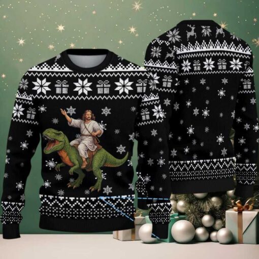 Black Ugly Christmas Sweater with White Snowflake Pattern Featuring Jesus Riding Dinosaur