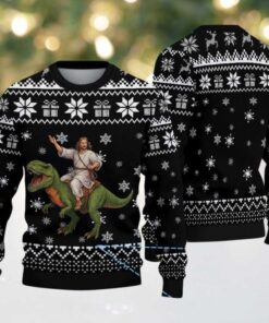 Black Ugly Christmas Sweater with White Snowflake Pattern Featuring Jesus Riding Dinosaur