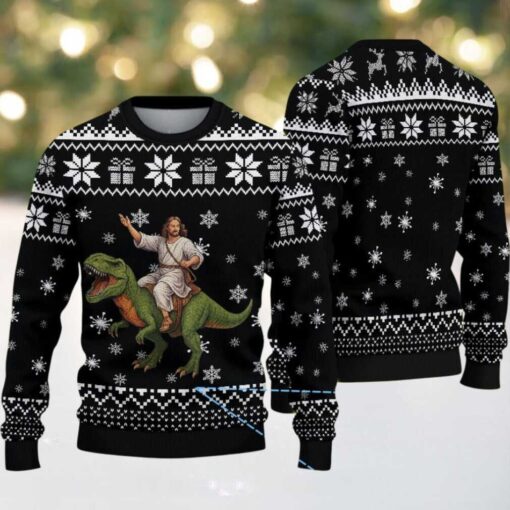 Black Ugly Christmas Sweater with White Snowflake Pattern Featuring Jesus Riding Dinosaur