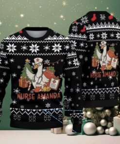 Black Ugly Christmas Sweater with White Snowflake Pattern Featuring Nurse Amanda with Christmas Tree and Gifts