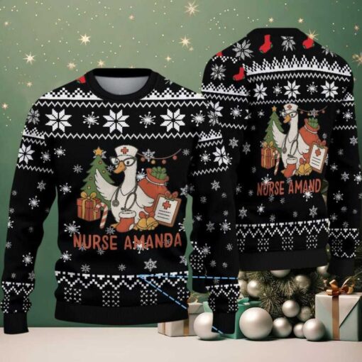 Black Ugly Christmas Sweater with White Snowflake Pattern Featuring Nurse Amanda with Christmas Tree and Gifts