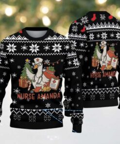 Black Ugly Christmas Sweater with White Snowflake Pattern Featuring Nurse Amanda with Christmas Tree and Gifts