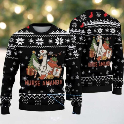 Black Ugly Christmas Sweater with White Snowflake Pattern Featuring Nurse Amanda with Christmas Tree and Gifts