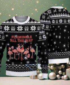 Black Ugly Christmas Sweater with White Snowflake Pattern Featuring Pink Flamingo and Gift Motif